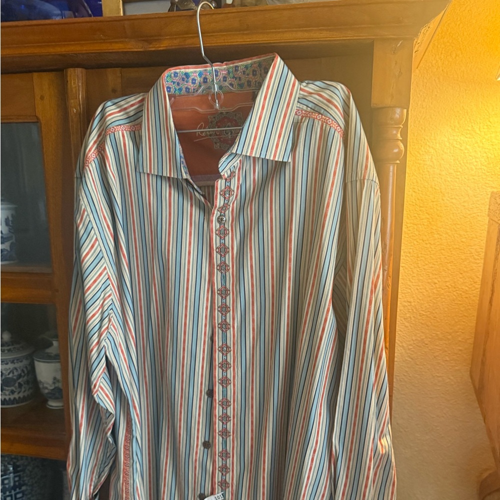 Robert Graham Striped Button-Down Shirt in Blue, Orange, White. Size 2XL